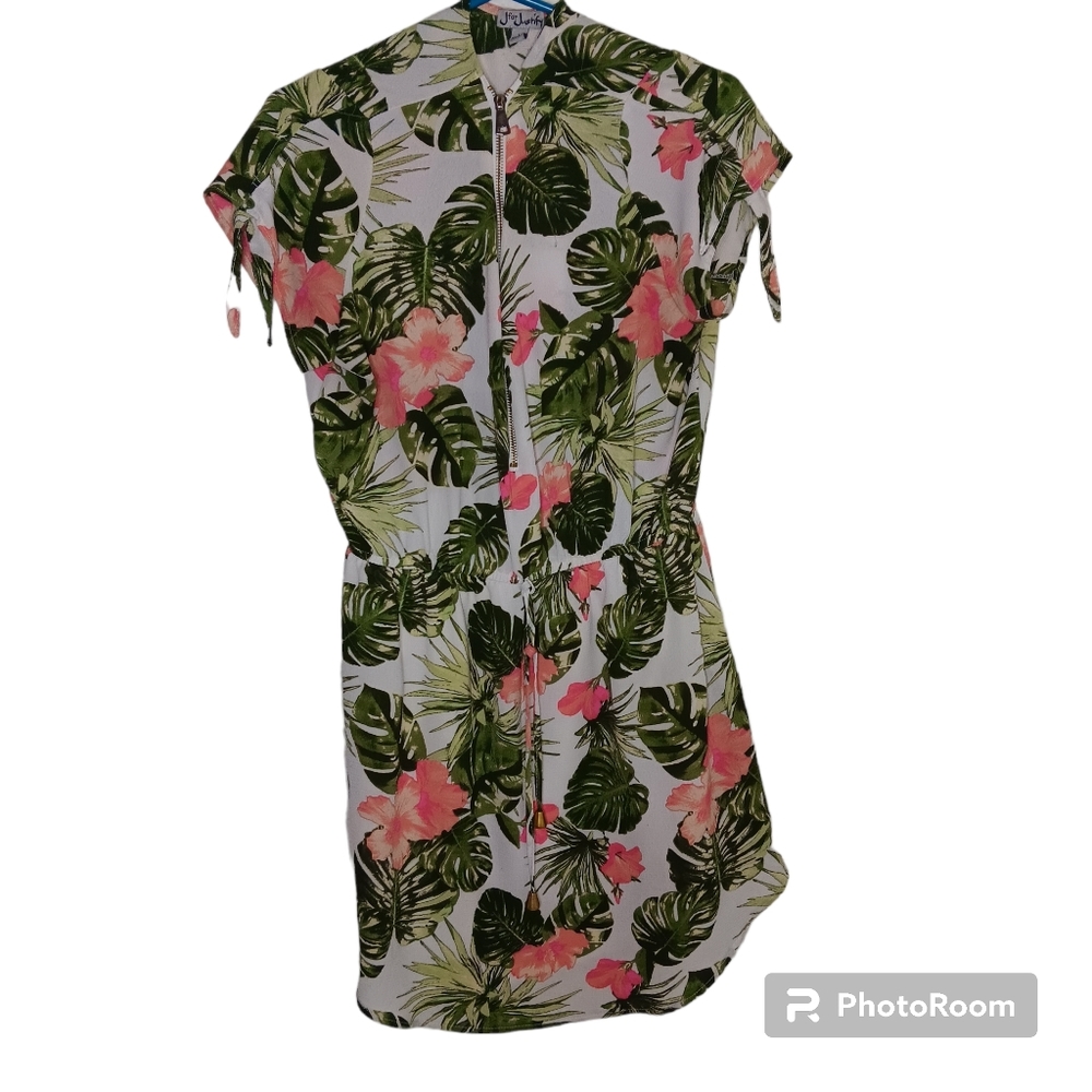 J for Justify Grandmacore Floral Half Zip Cap Tie Sleeve Mini Dress Womens Large